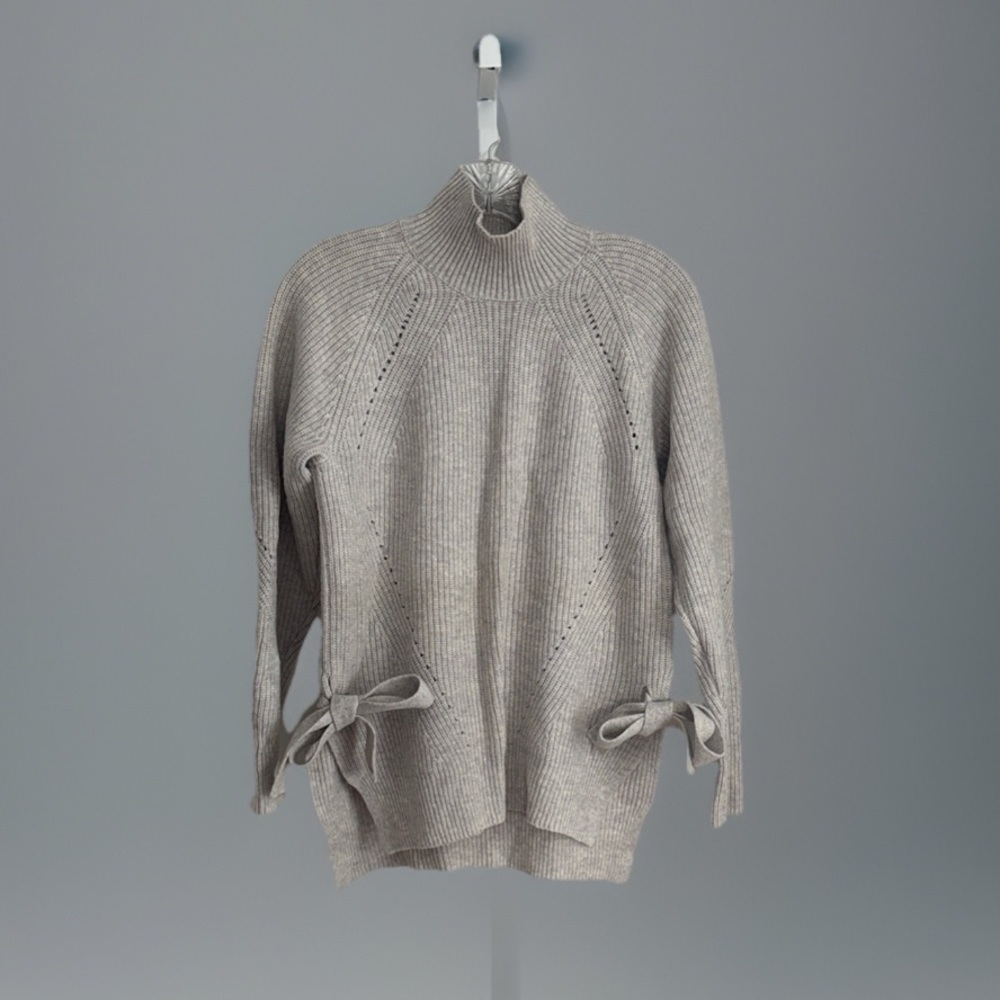 Rebecca Taylor Rib Knit Mock Neck Merino Wool Blend Gray Bow Sweater Womens Sz S